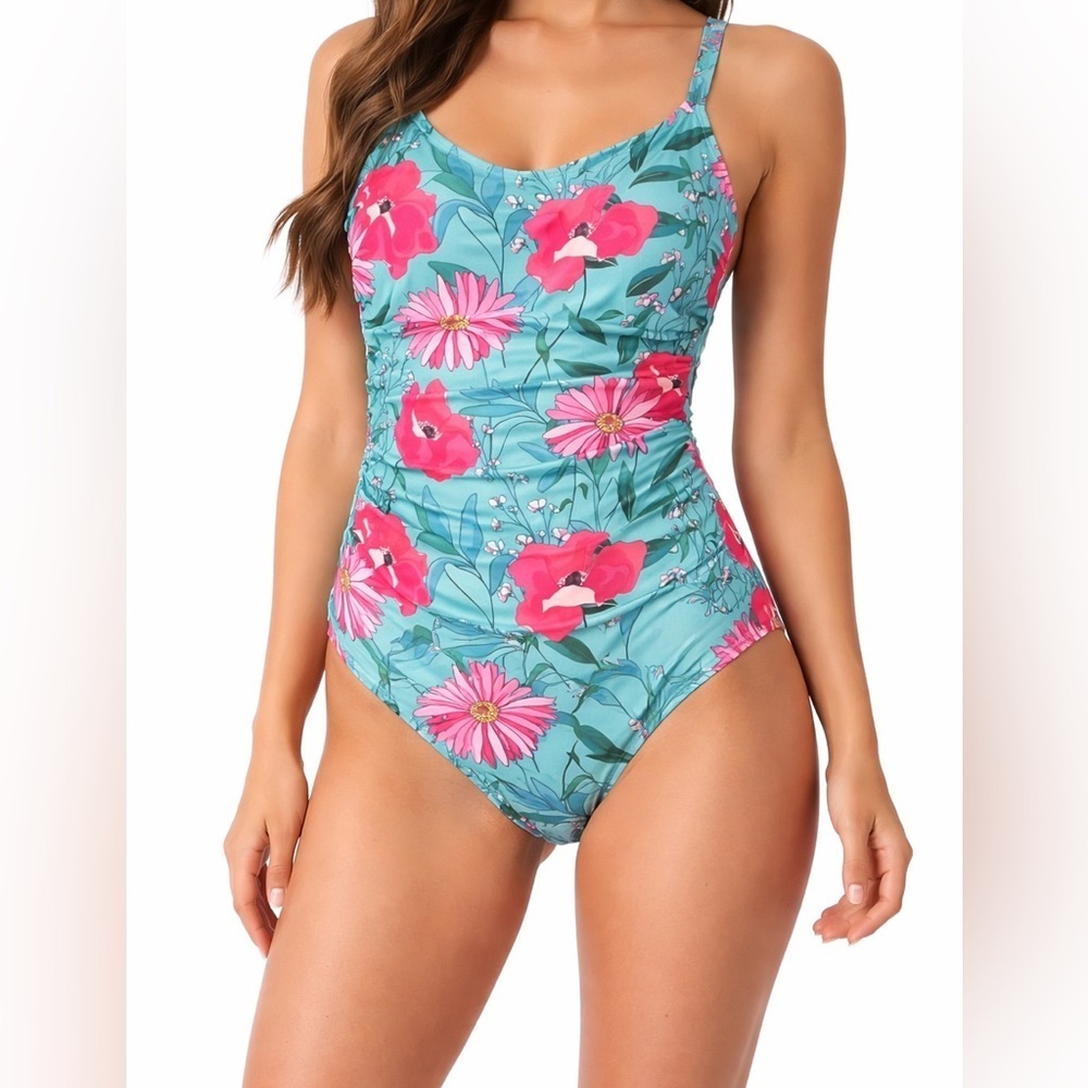 Nicole Miller Studio Floral One-Piece Swimsuit Teal Pink Size S NWT